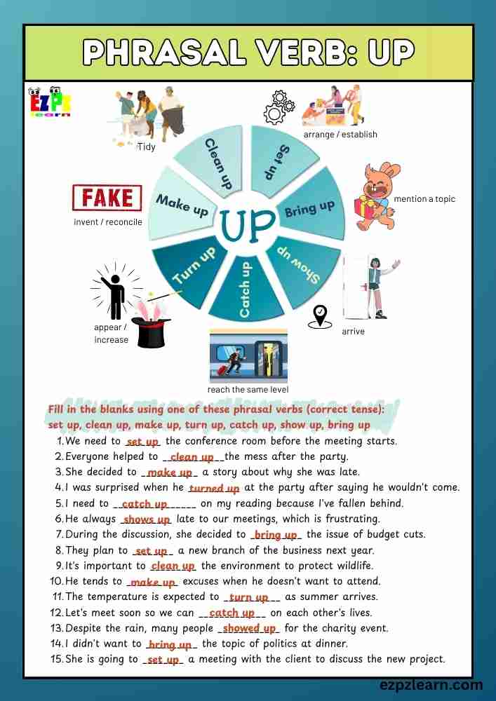  Phrasal Verbs with “Up” – 15 Fill-in-the-Blank Sentences | ESL Worksheet | Free PDF